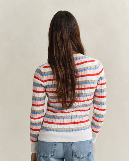 Stretch Cotton Cable Stripe Crew Neck Sweater - Multicolor