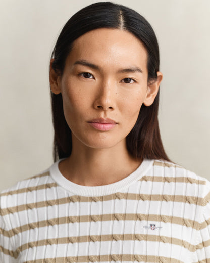 Stretch Cotton Cable Stripe Crew Neck Sweater - Oat Beige