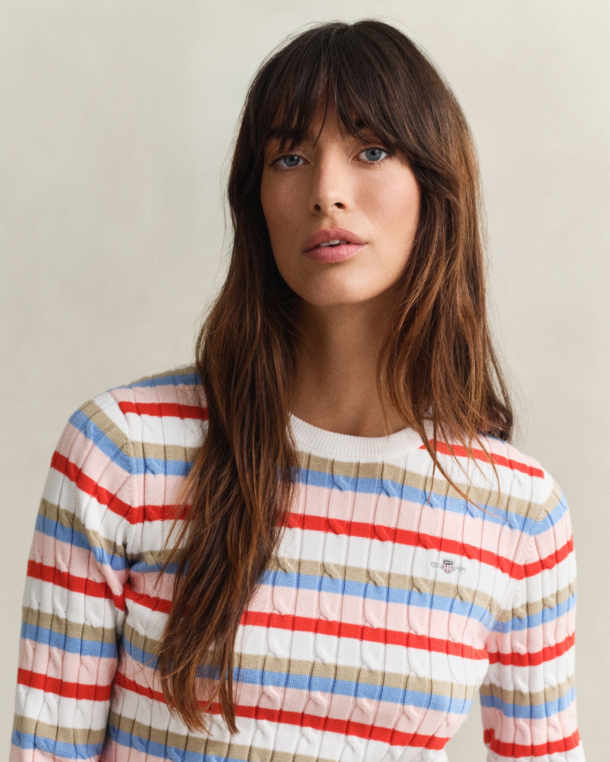 Stretch Cotton Cable Stripe Crew Neck Sweater - Multicolor