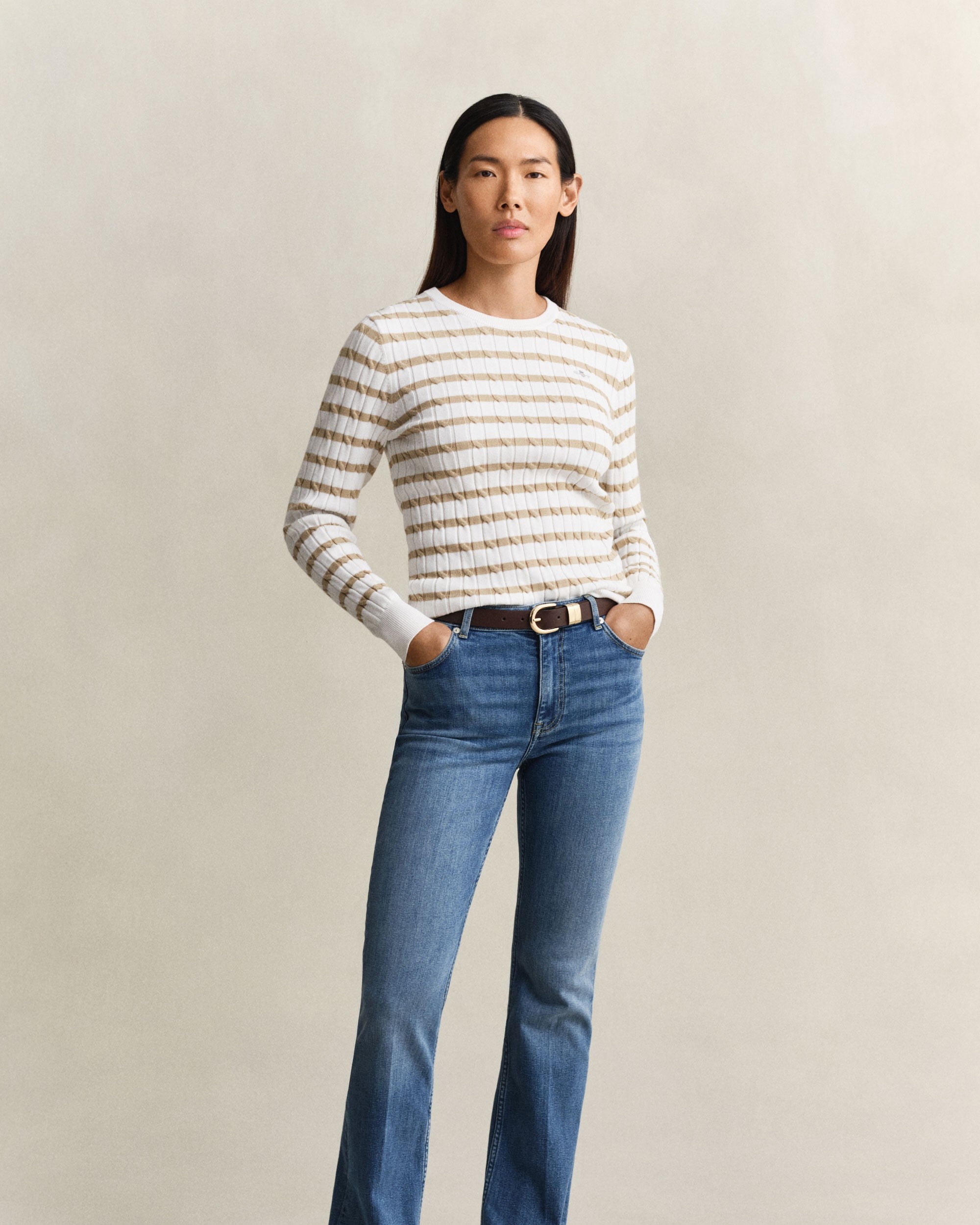 Stretch Cotton Cable Stripe Crew Neck Sweater - Oat Beige