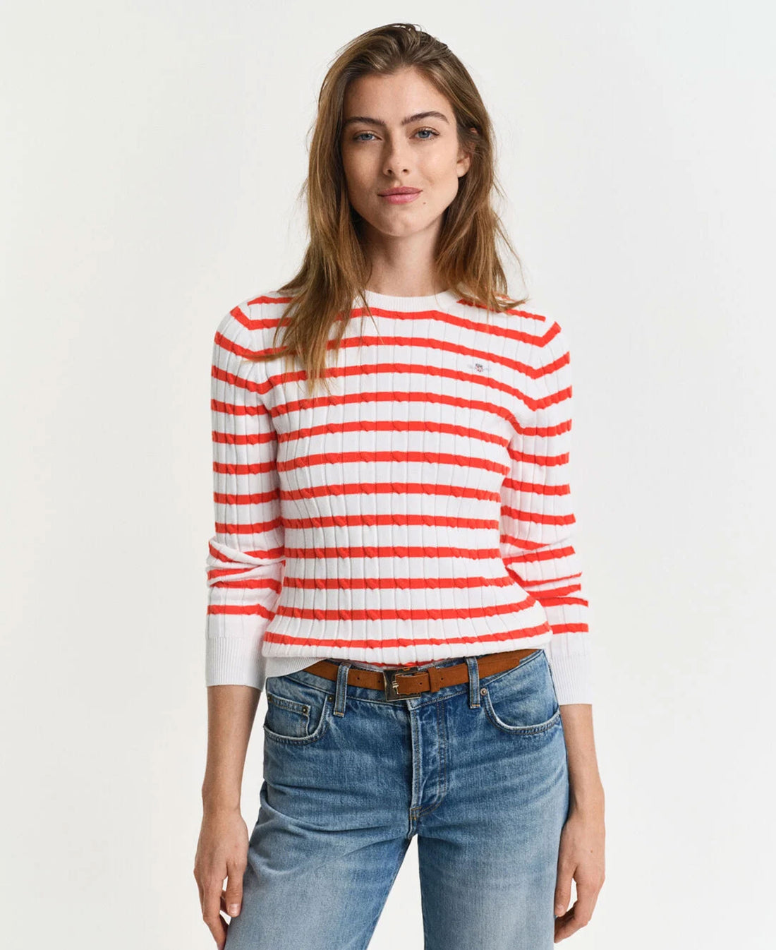 Striped Stretch Cotton Cable Knit Crew Neck Sweater - Orange Red