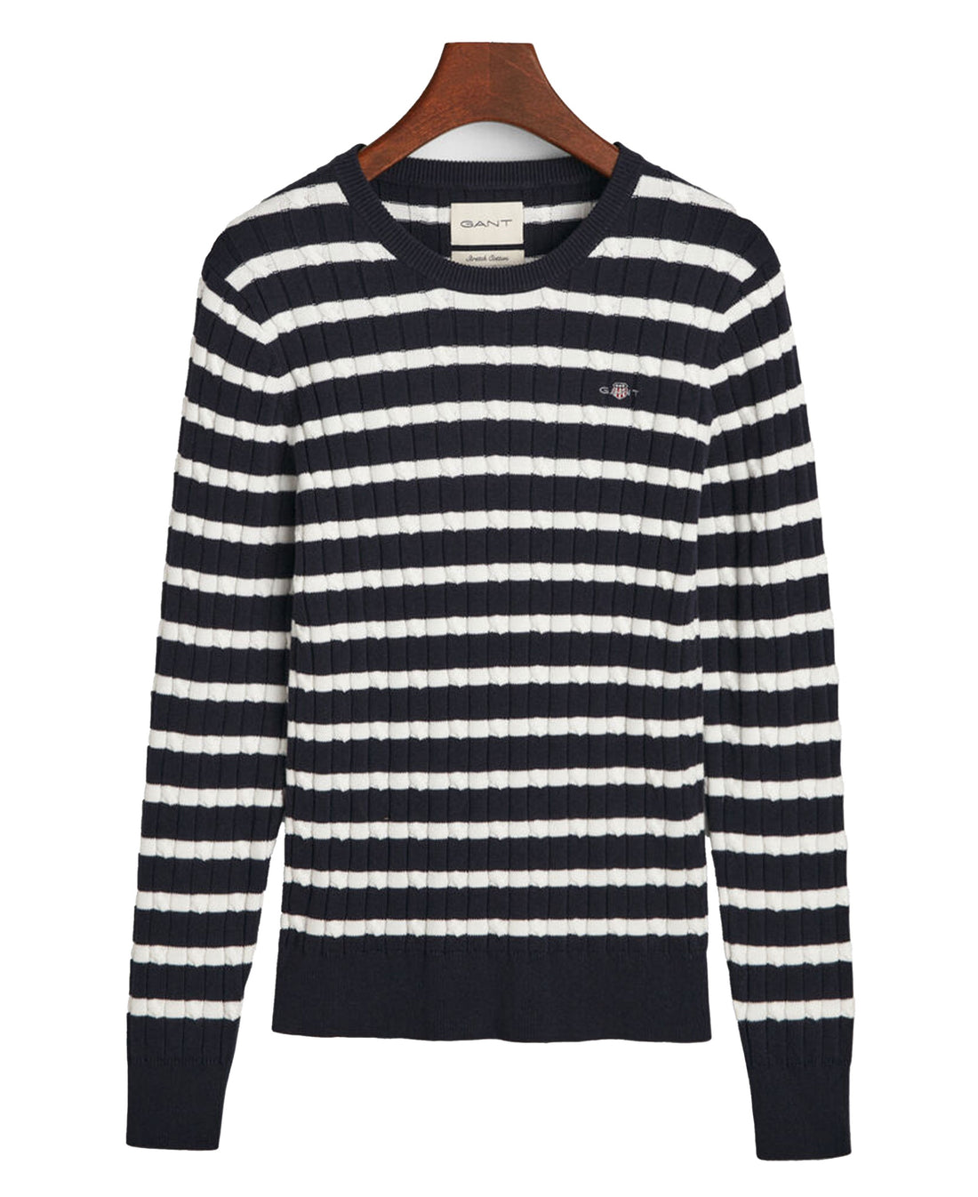 Striped Stretch Cotton Cable Knit Crew Neck Sweater - Evening Blue