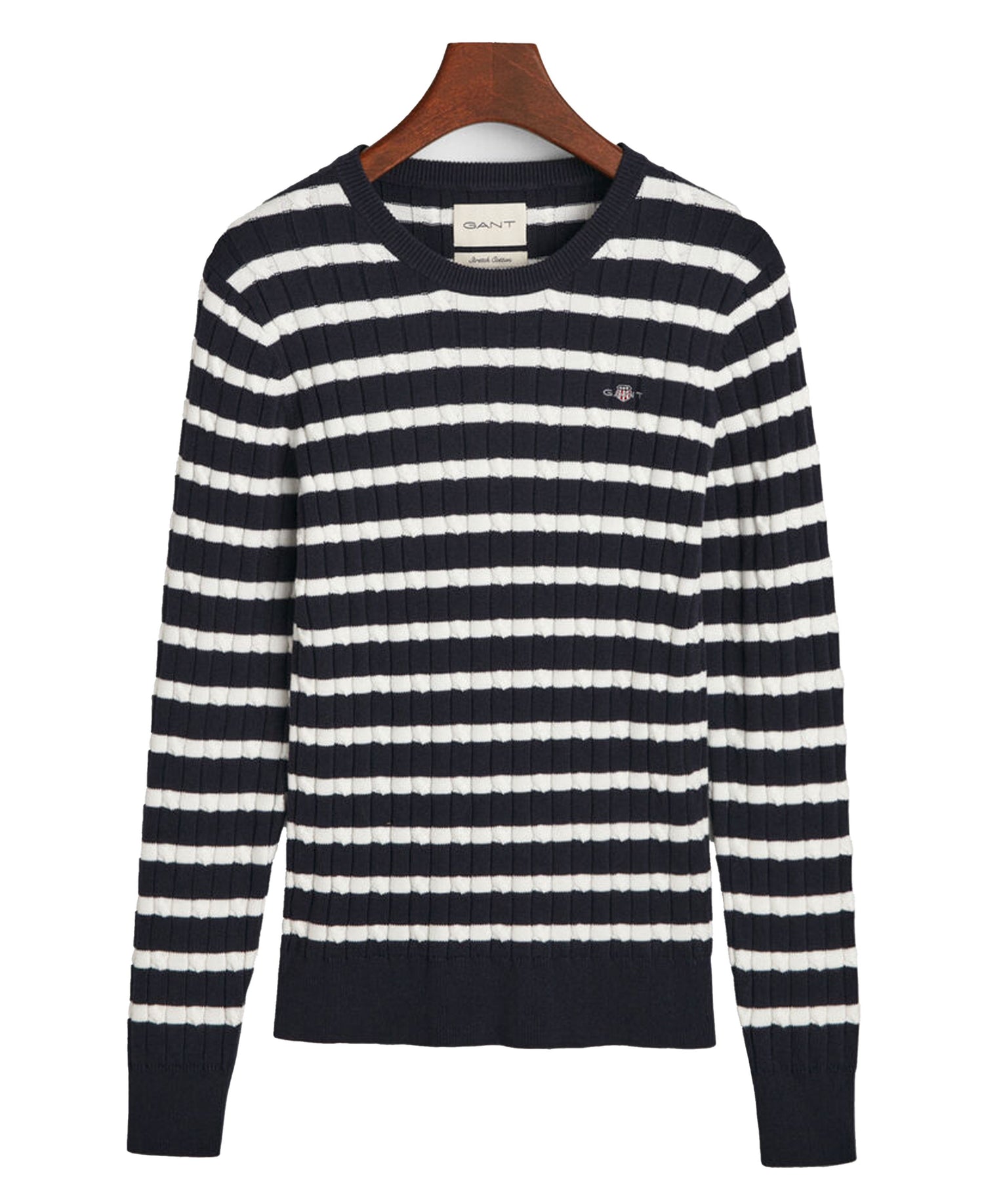 Striped Stretch Cotton Cable Knit Crew Neck Sweater - Evening Blue