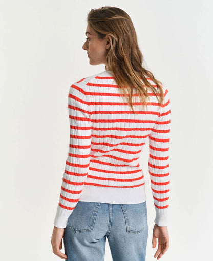 Striped Stretch Cotton Cable Knit Crew Neck Sweater - Orange Red