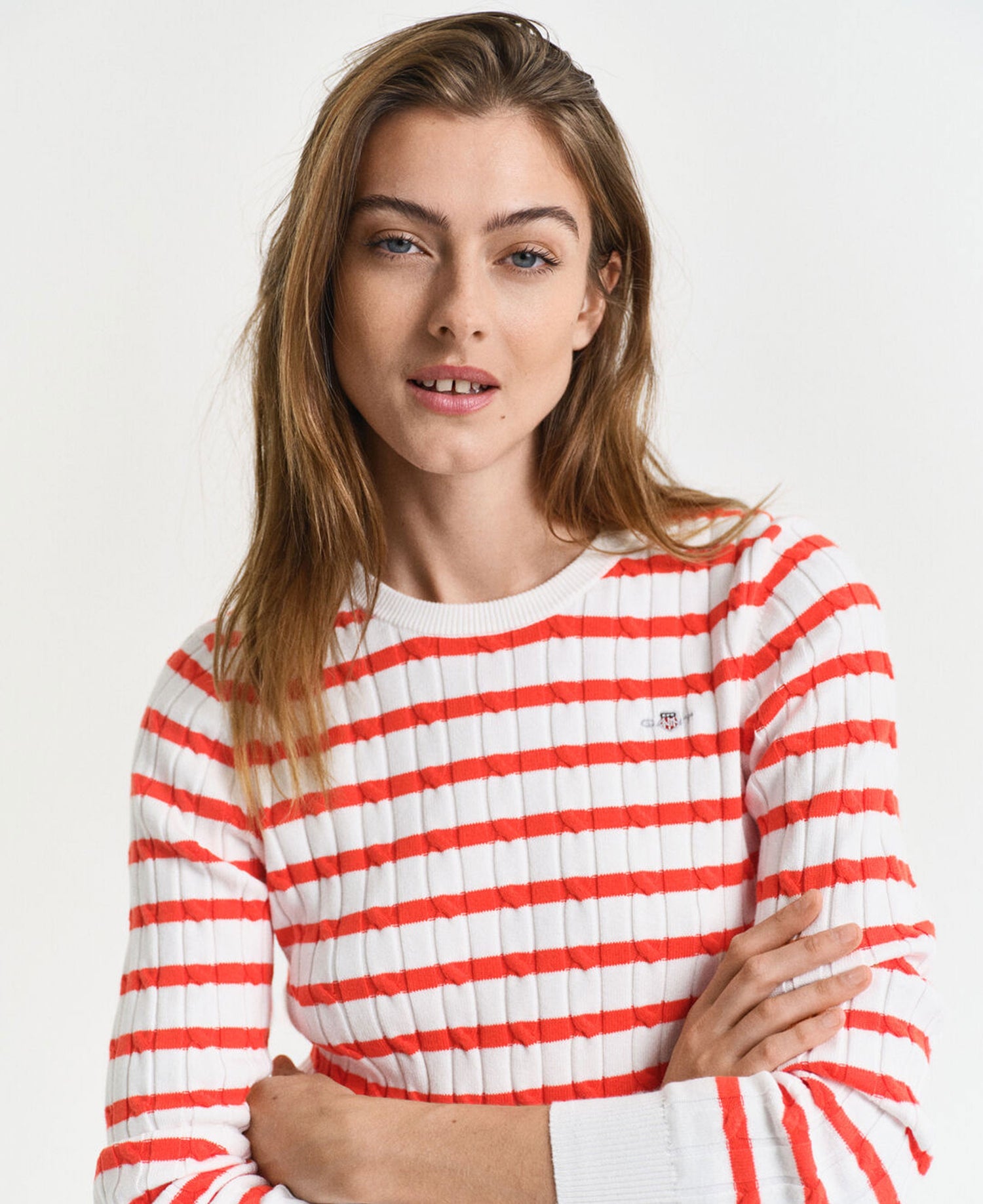 Striped Stretch Cotton Cable Knit Crew Neck Sweater - Orange Red