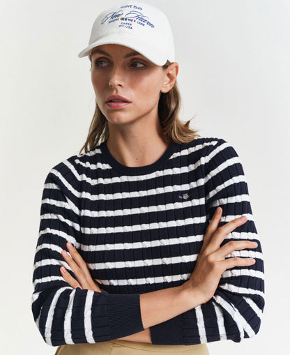 Striped Stretch Cotton Cable Knit Crew Neck Sweater - Evening Blue