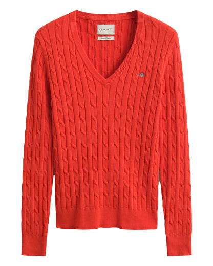 Stretch Cotton Cable V-Neck Sweater - Perfect Red