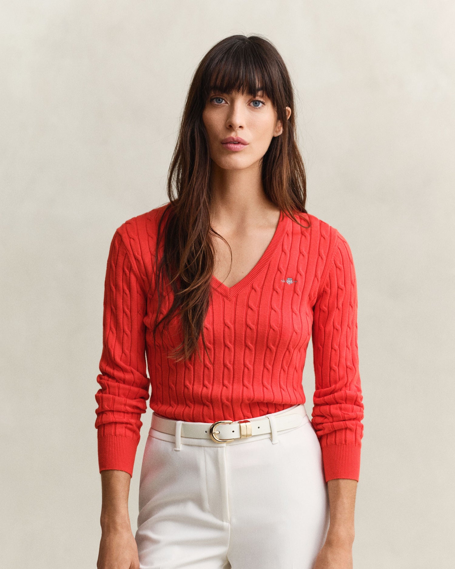 Stretch Cotton Cable V-Neck Sweater - Perfect Red