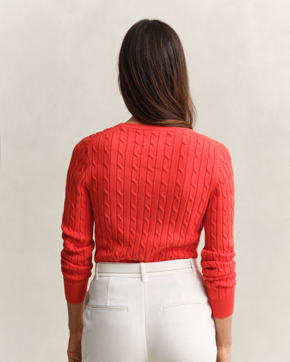 Stretch Cotton Cable V-Neck Sweater - Perfect Red