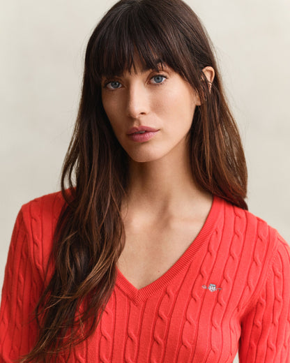 Stretch Cotton Cable V-Neck Sweater - Perfect Red