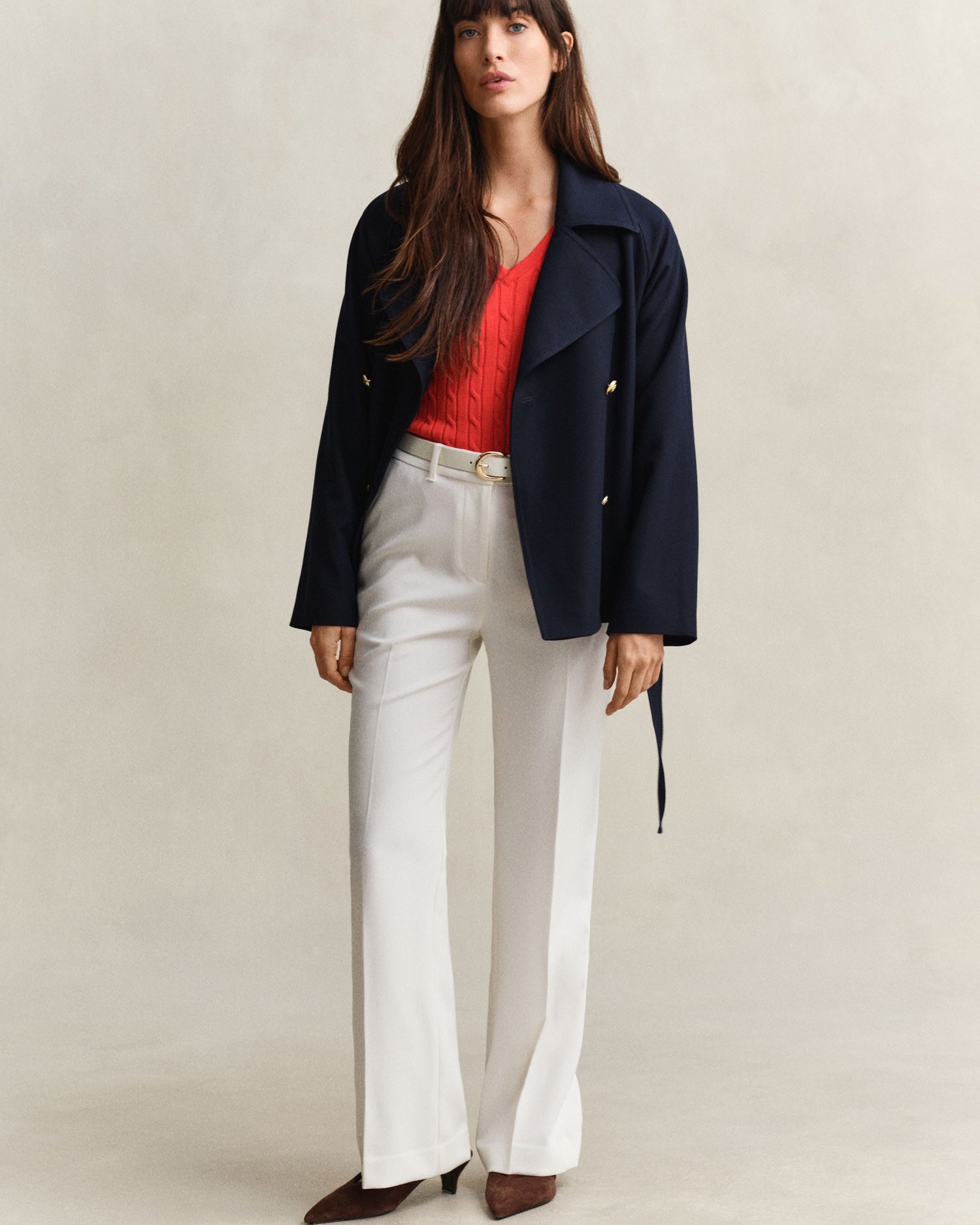 Stretch Cotton Cable V-Neck Sweater - Perfect Red