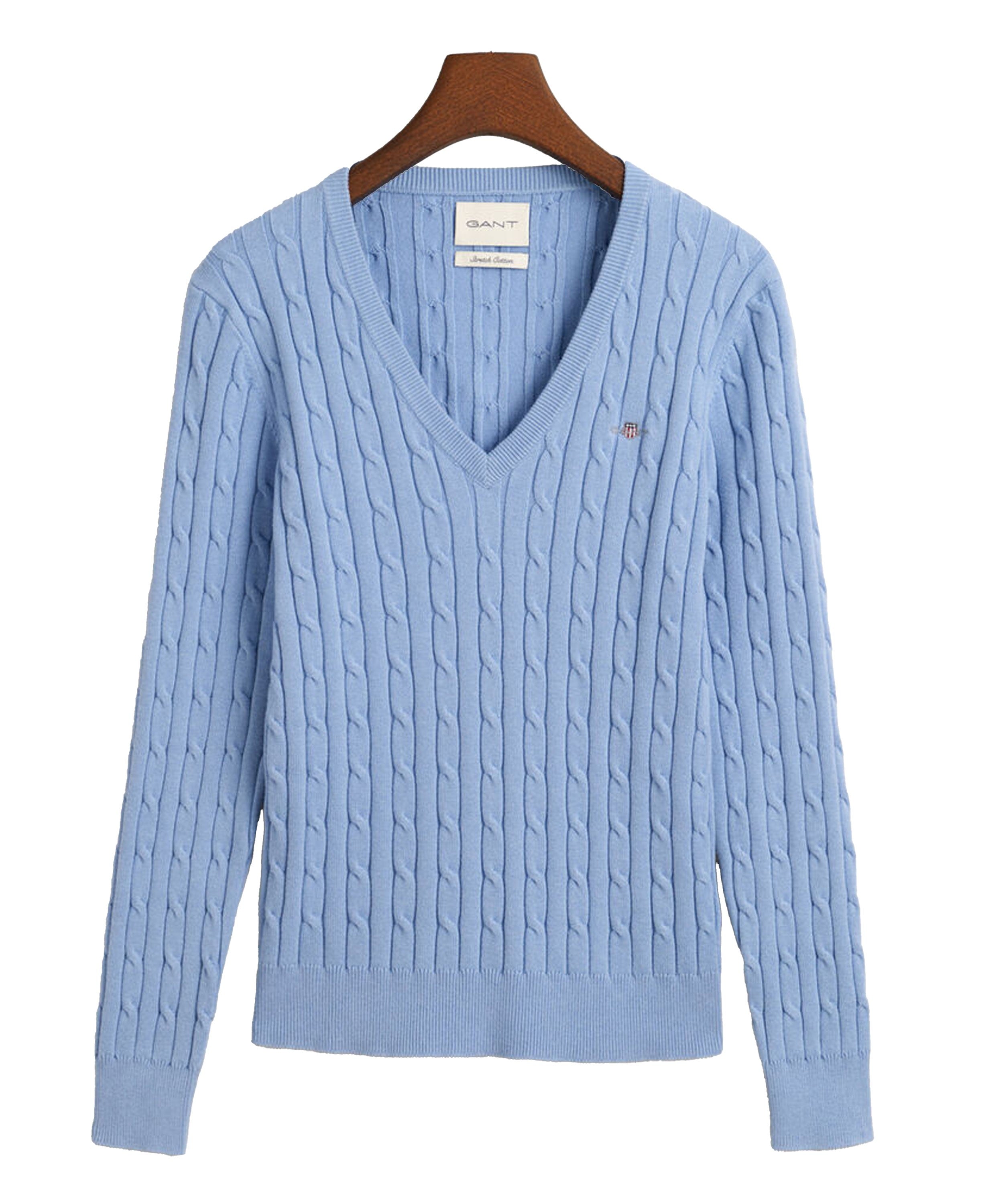 Stretch Cotton Cable V-Neck Sweater - Clear Sky