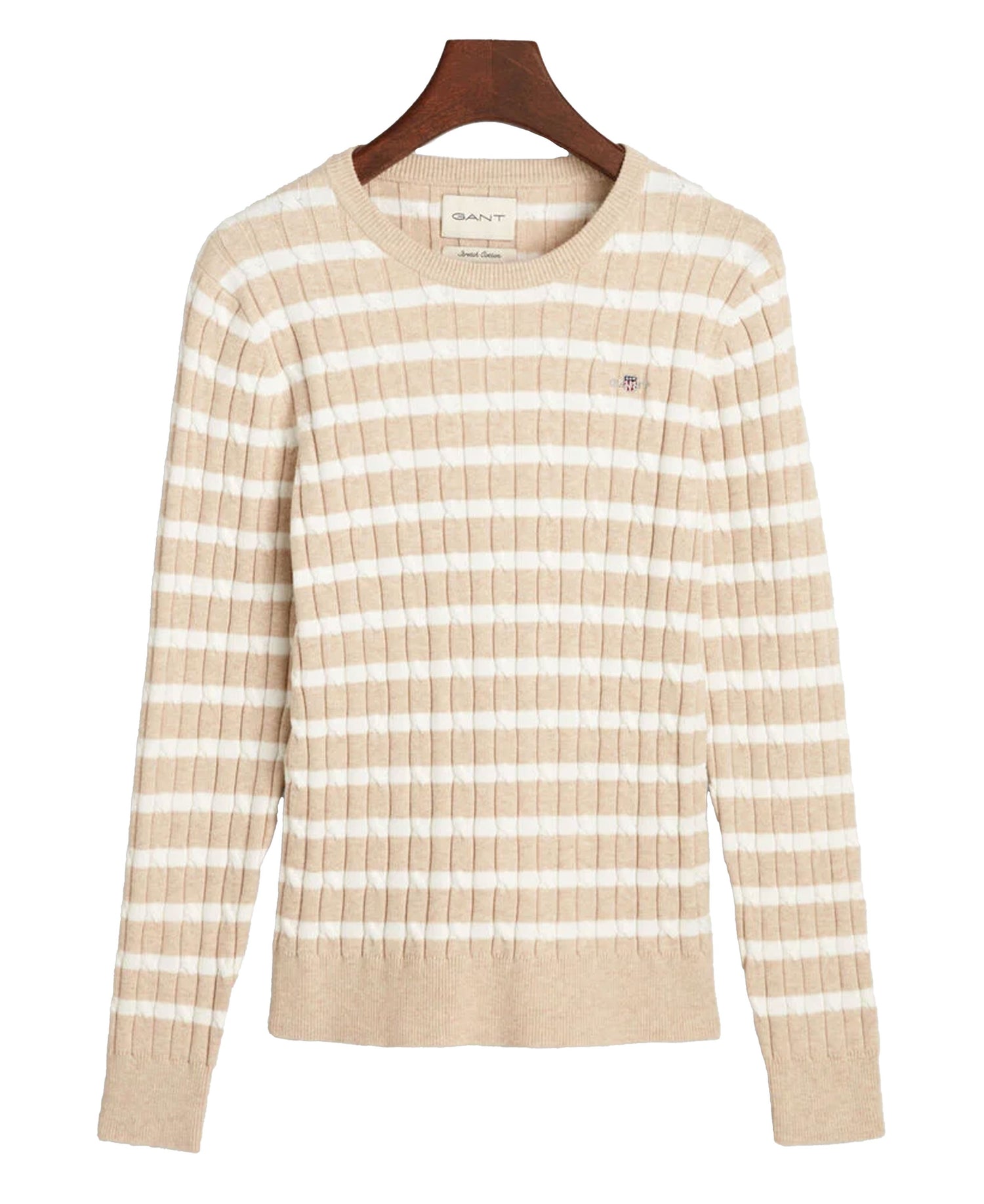 Striped Stretch Cotton Cable Knit Crew Neck Sweater - Seed Melange