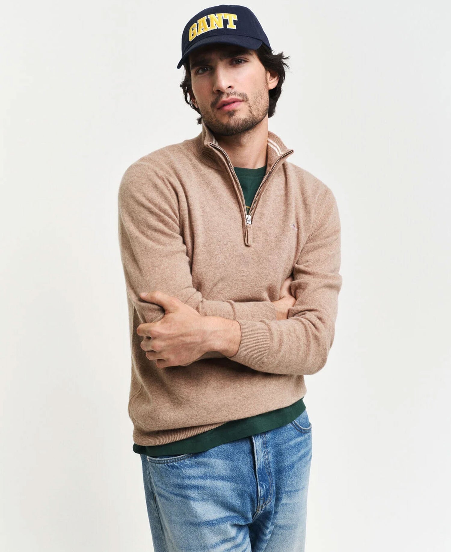 Superfine Lambswool Half Zip Sweater - Dark Sand Melange