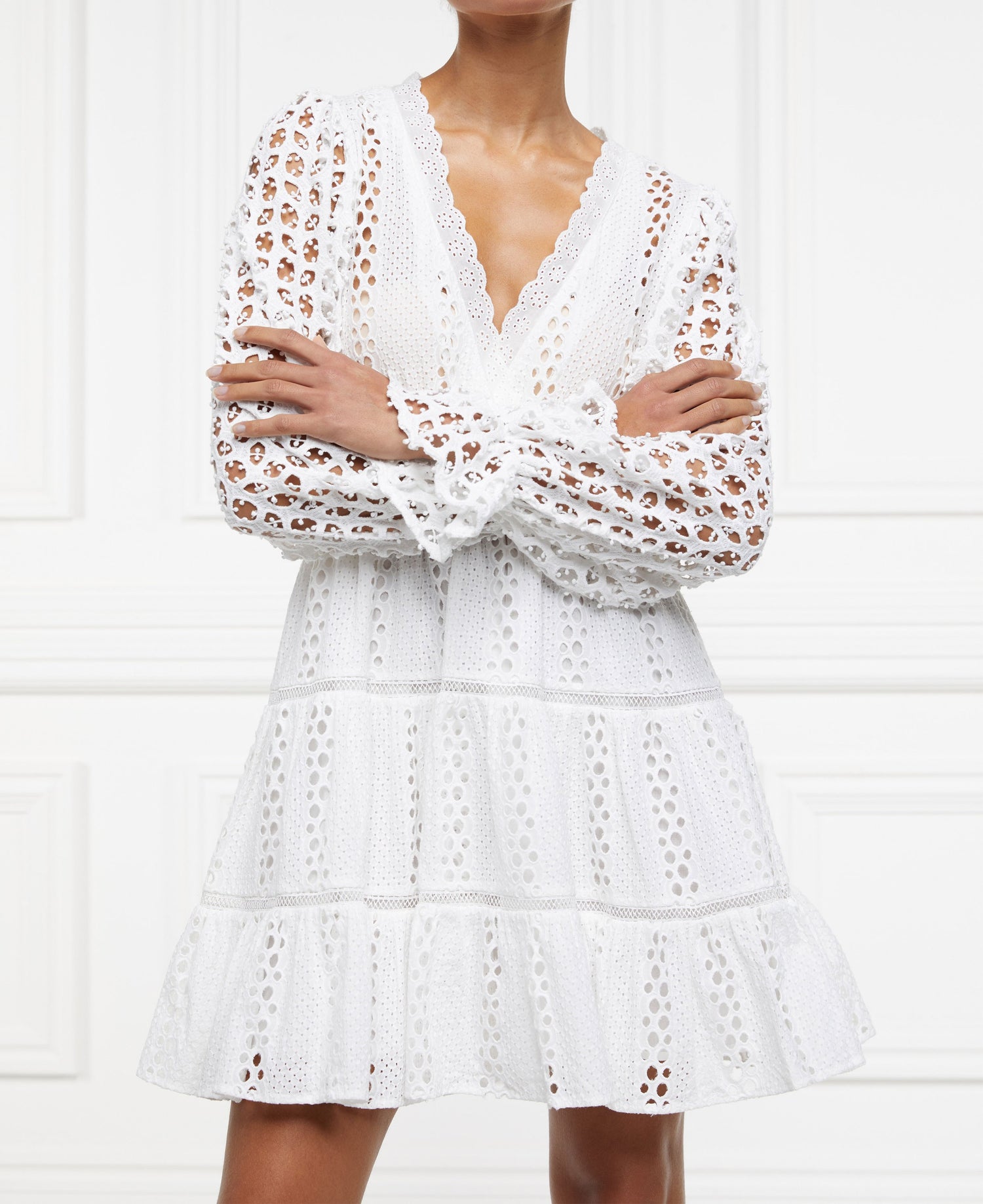 Broderie Lace V-Neck Dress - White