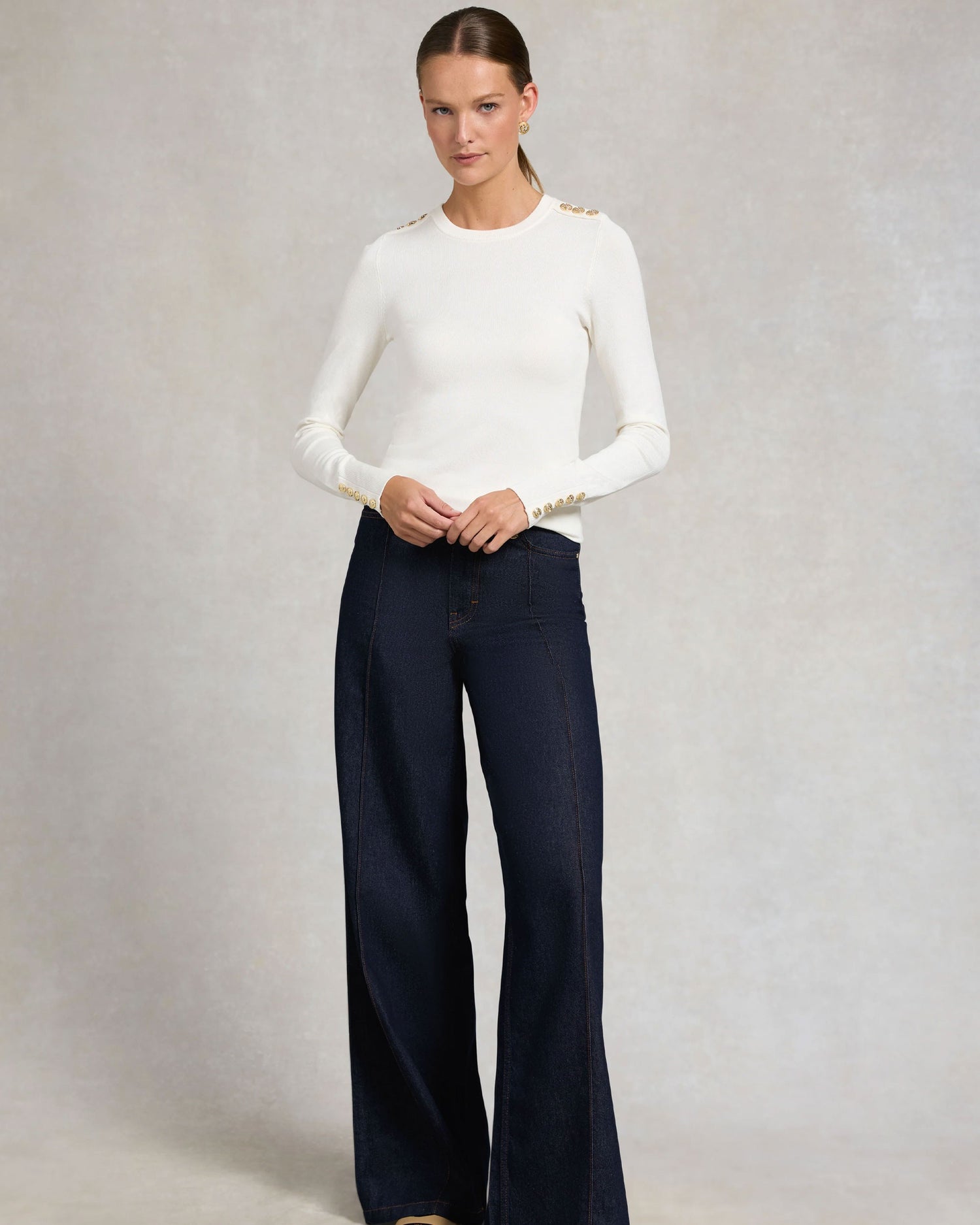 Buttoned Knit Crew Neck - Cream