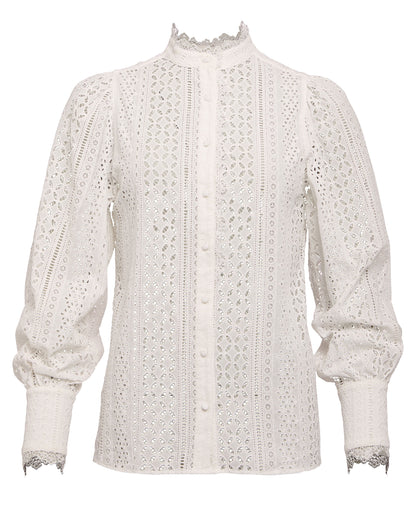 Collarless Broderie Shirt - White