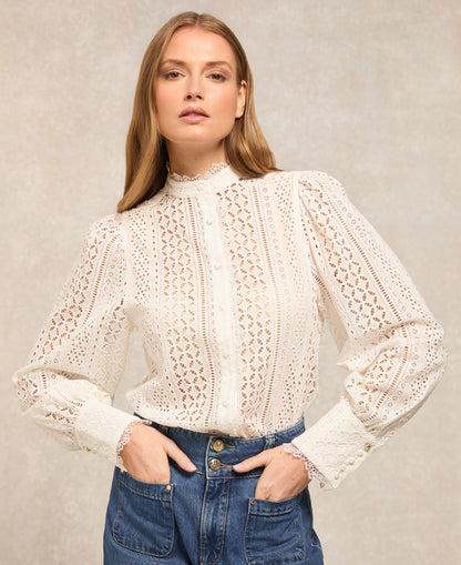 Collarless Broderie Shirt - White