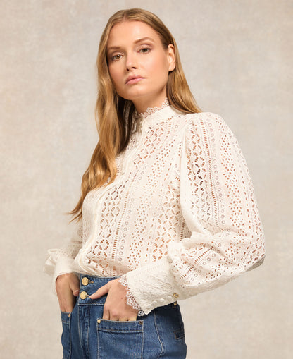 Collarless Broderie Shirt - White