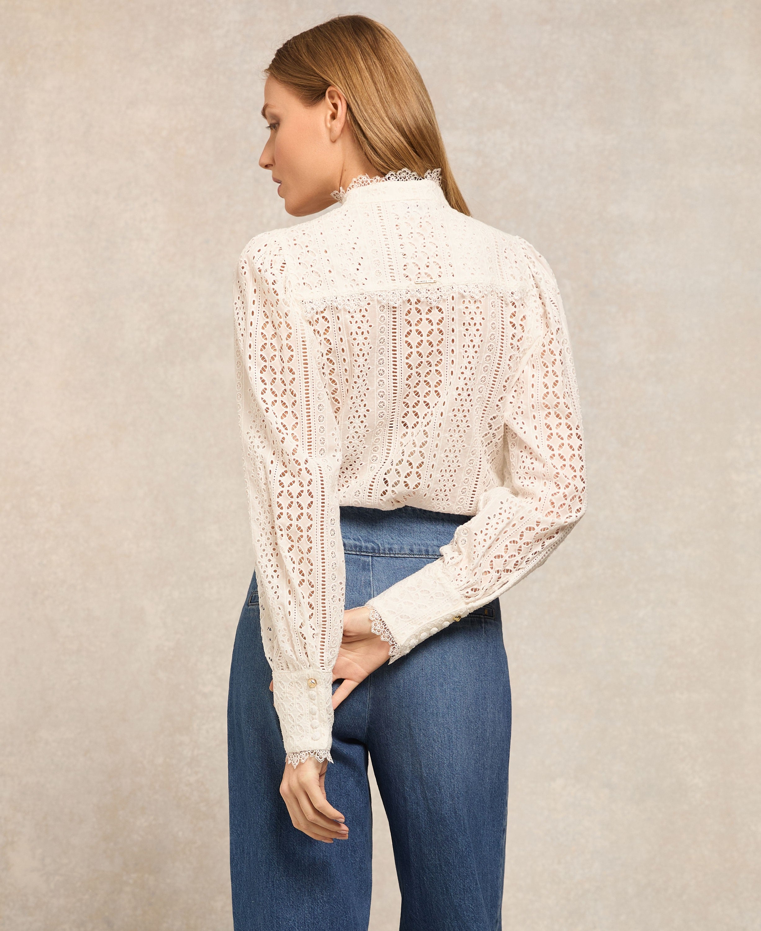 Collarless Broderie Shirt - White