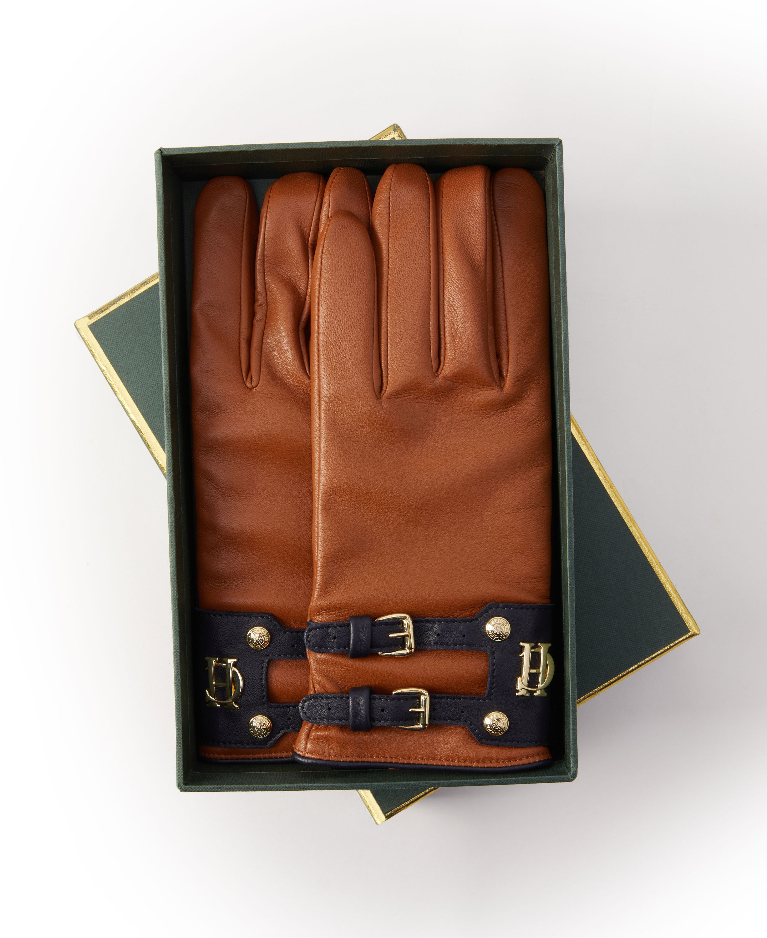 Contrast Leather Gloves - Tan/Ink Navy