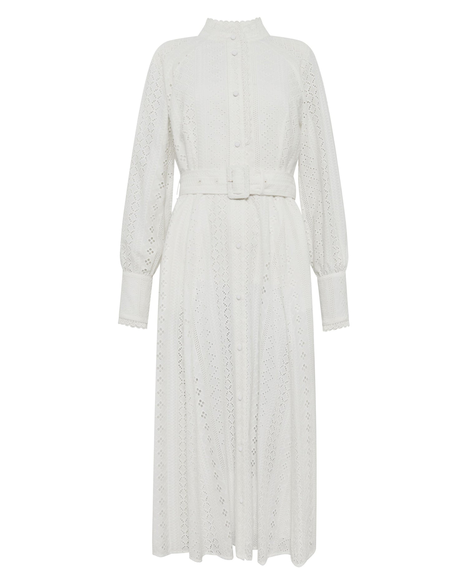 Aimee Collarless Broderie Dress - White