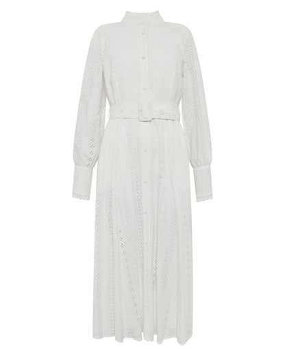 Aimee Collarless Broderie Dress - White