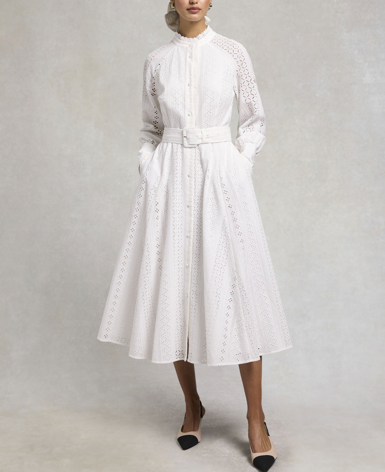 Aimee Collarless Broderie Dress - White