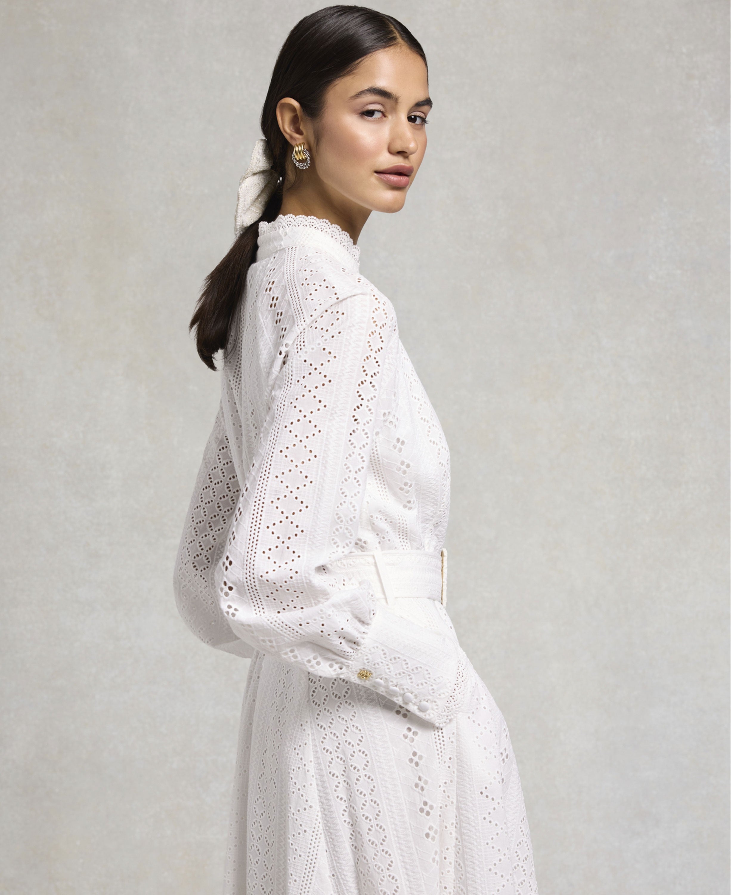 Aimee Collarless Broderie Dress - White