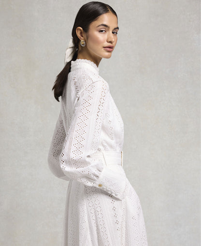 Aimee Collarless Broderie Dress - White