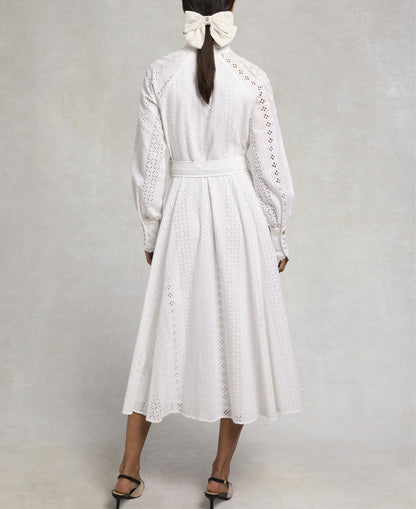 Aimee Collarless Broderie Dress - White