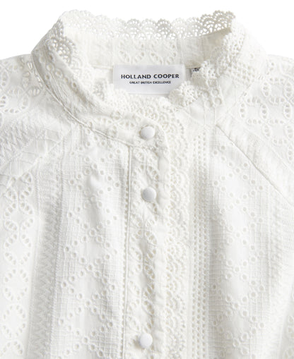Aimee Collarless Broderie Dress - White