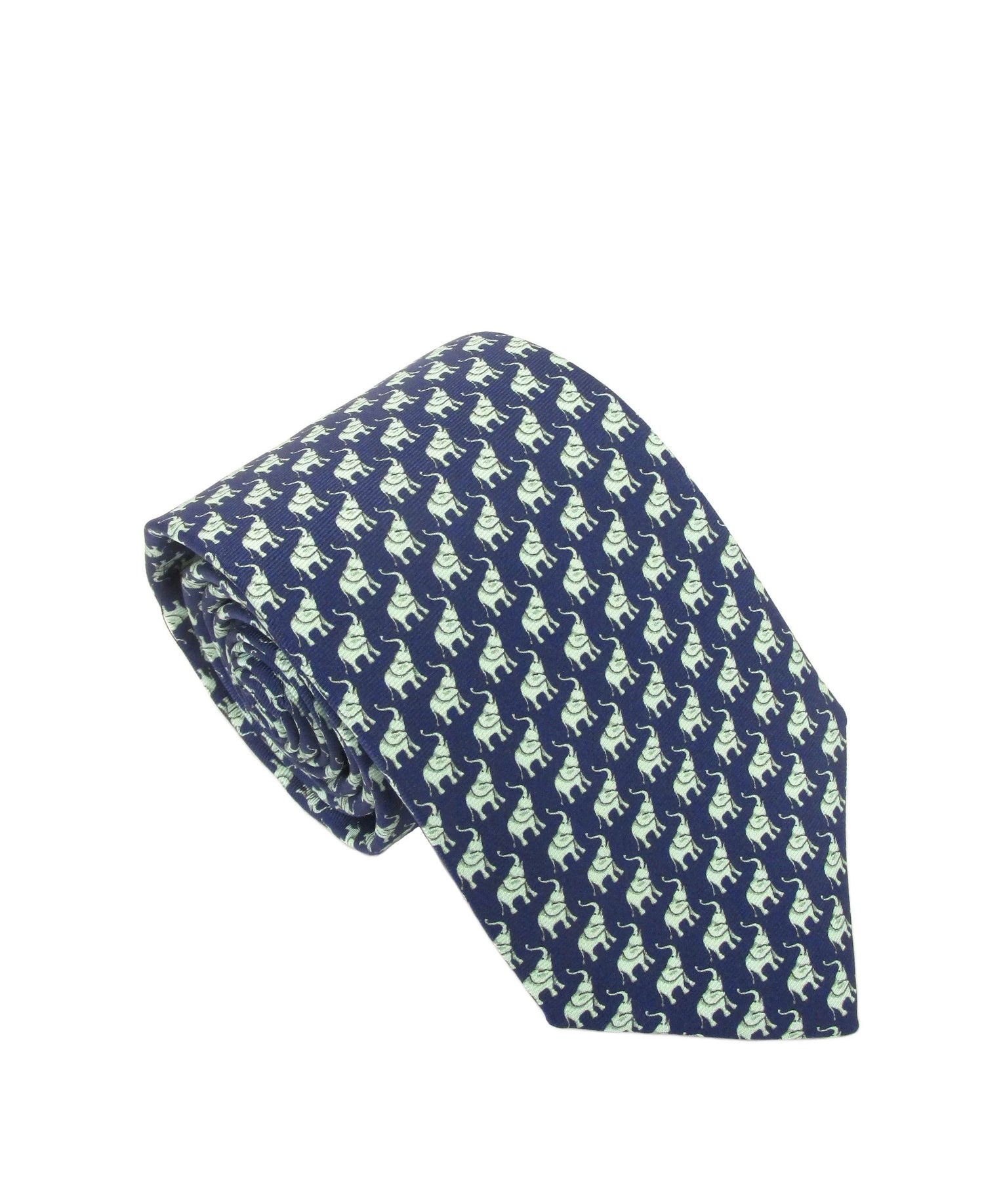 Italian Printed Silk Tie - Green Elephants Navy