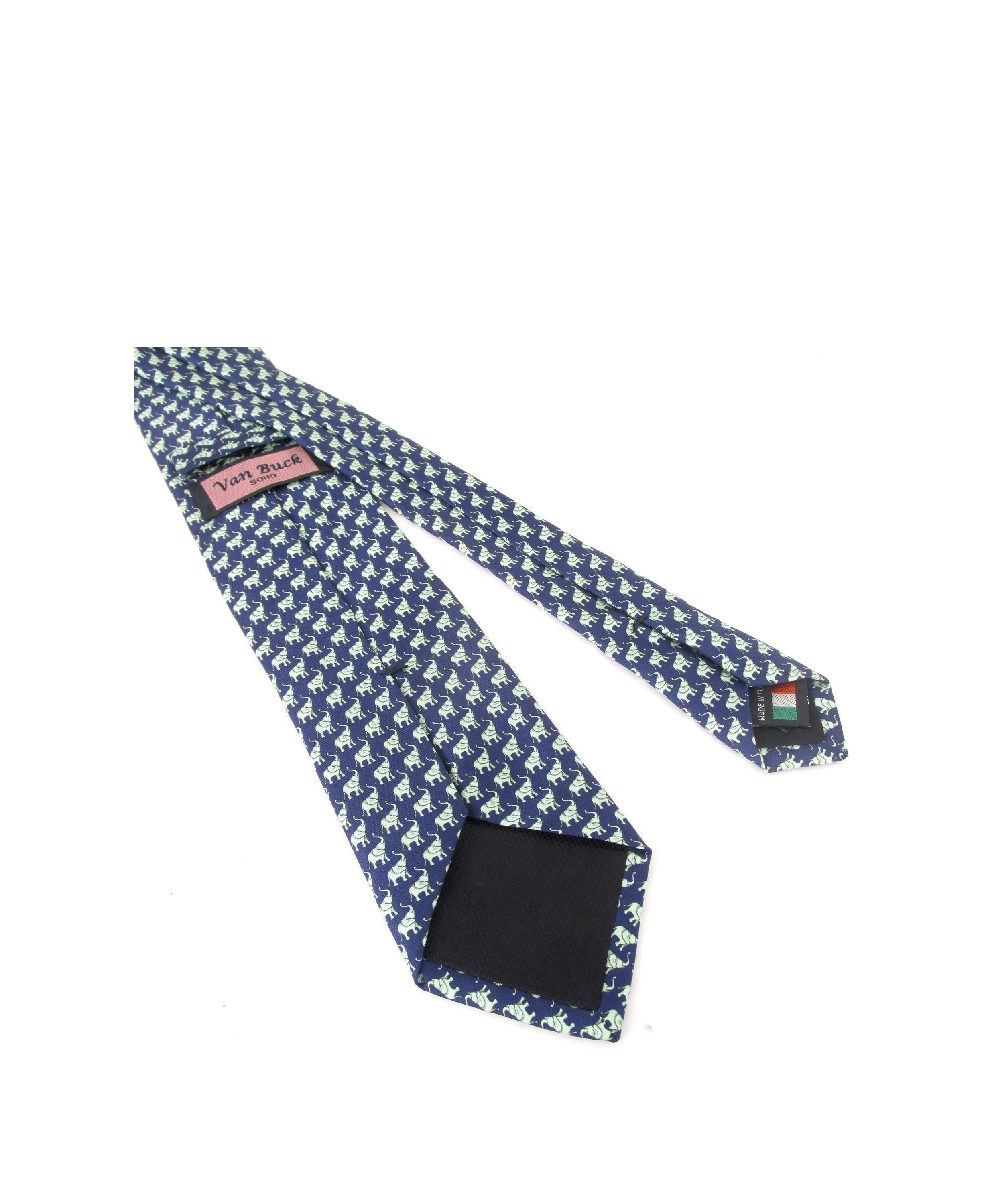 Italian Printed Silk Tie - Green Elephants Navy