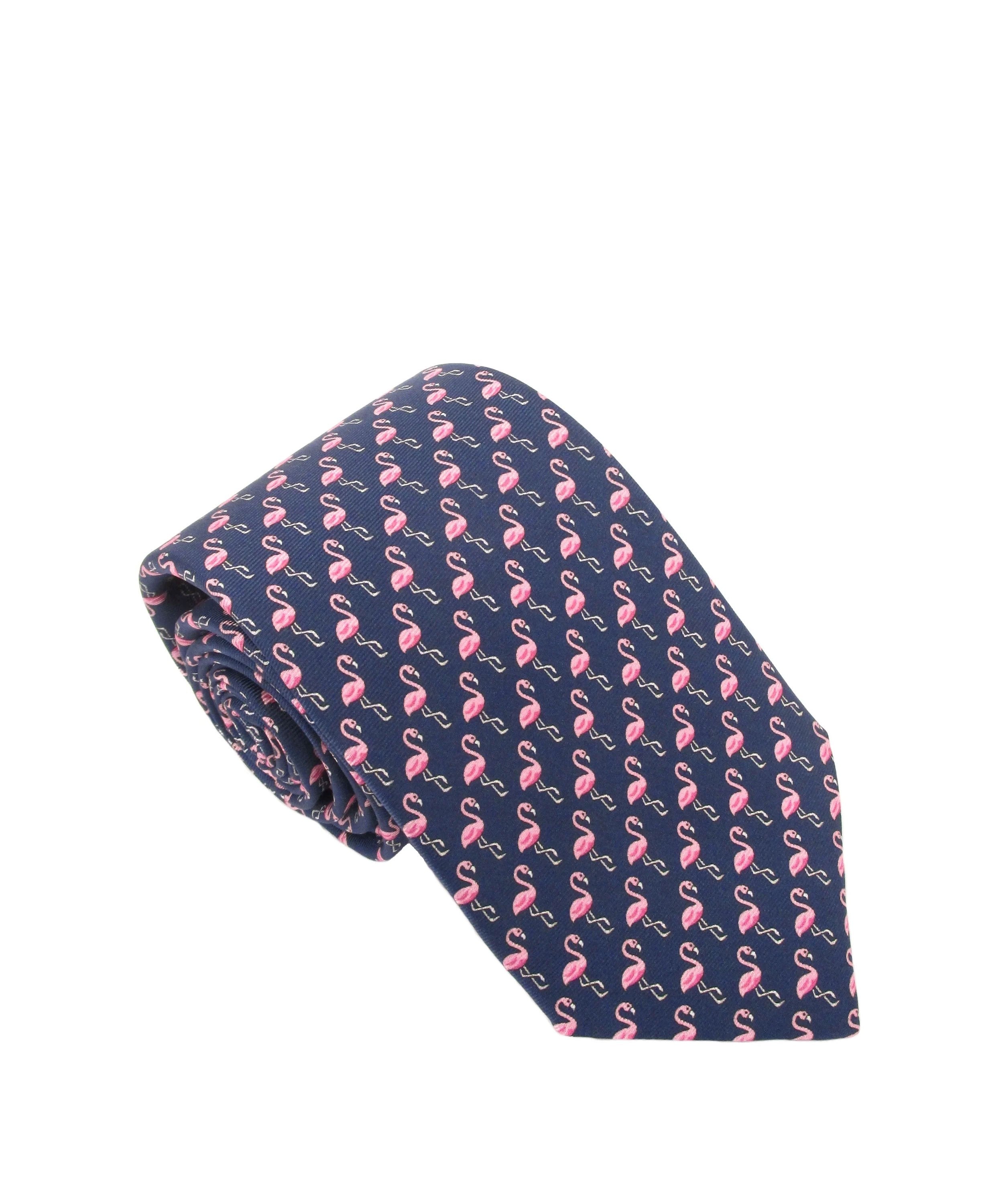 Italian Printed Silk Tie - Pink Flamingo Navy