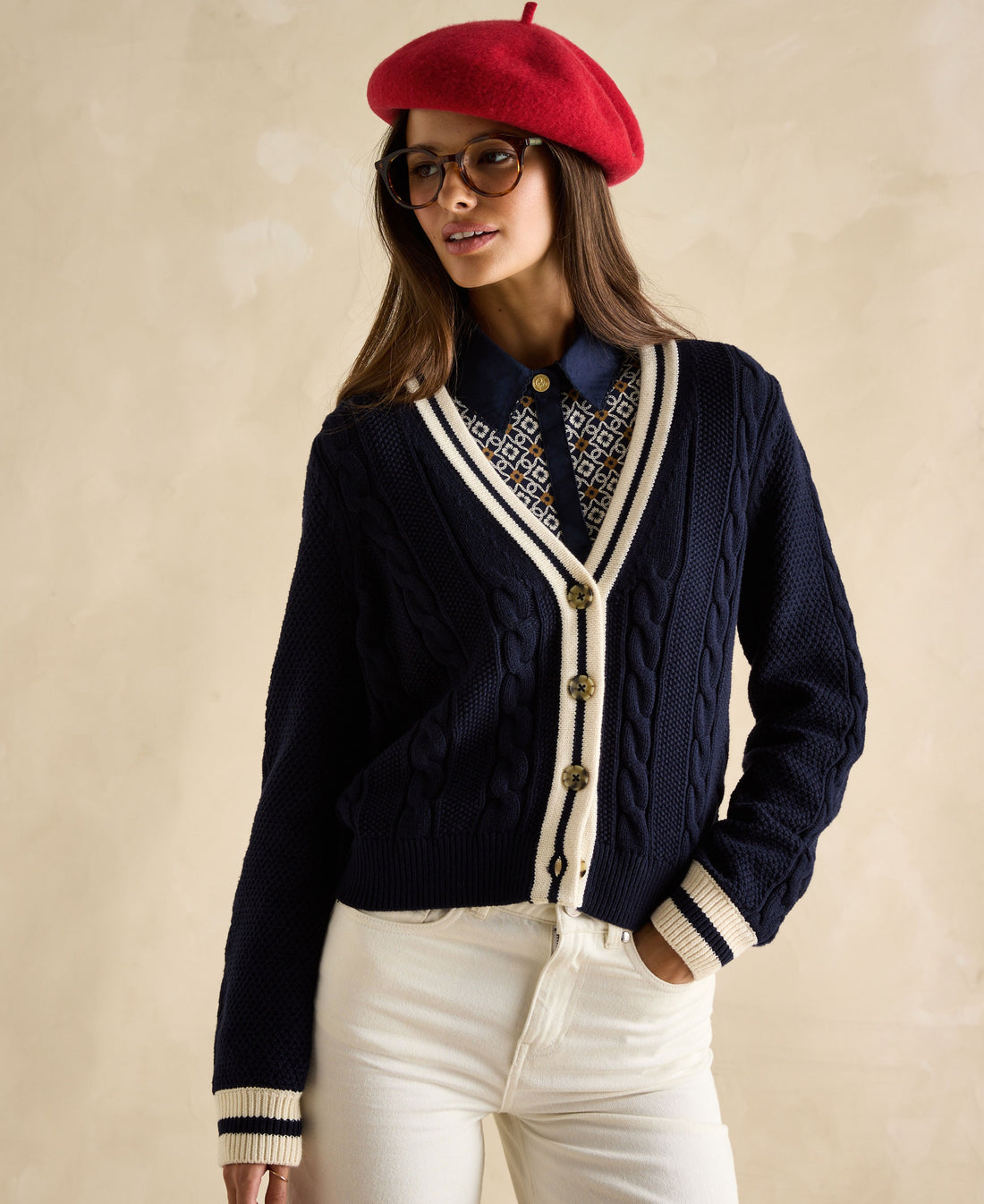 Centre Court Cable Knit Cardigan - Navy