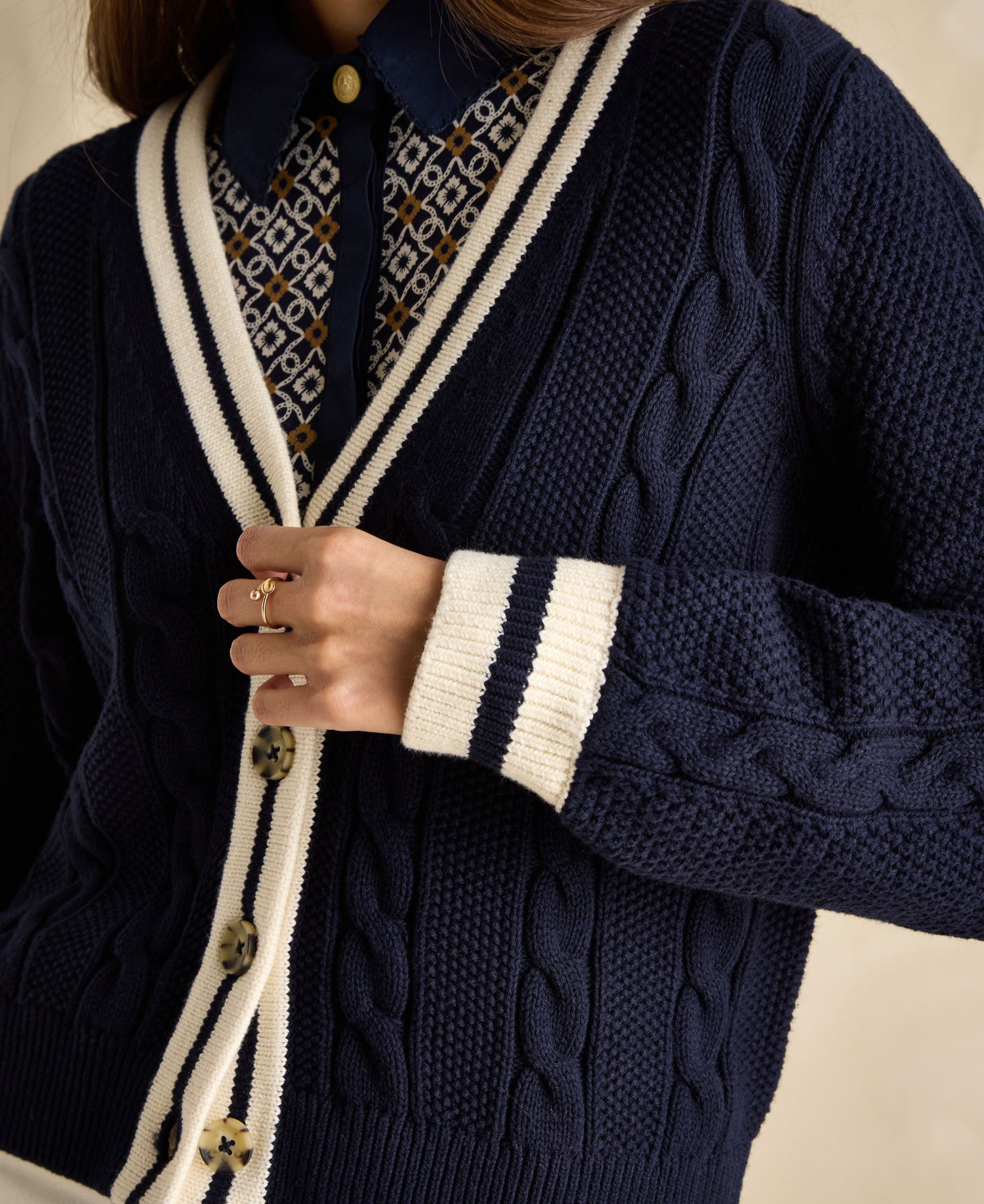 Centre Court Cable Knit Cardigan - Navy