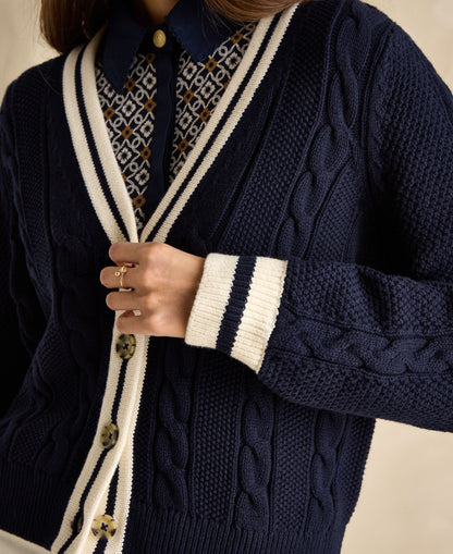 Centre Court Cable Knit Cardigan - Navy