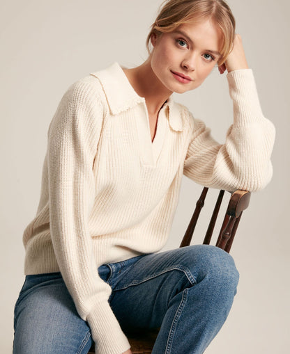 Evangeline Ribbed Jumper with Crochet Collar - Creme
