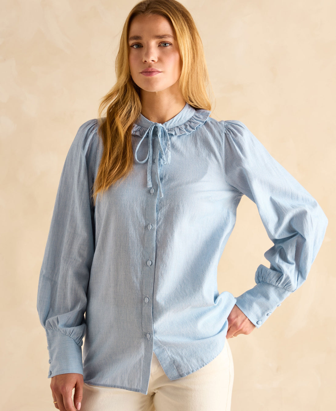 Harper Pussybow Tie Blouse - Blue/White