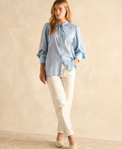 Harper Pussybow Tie Blouse - Blue/White