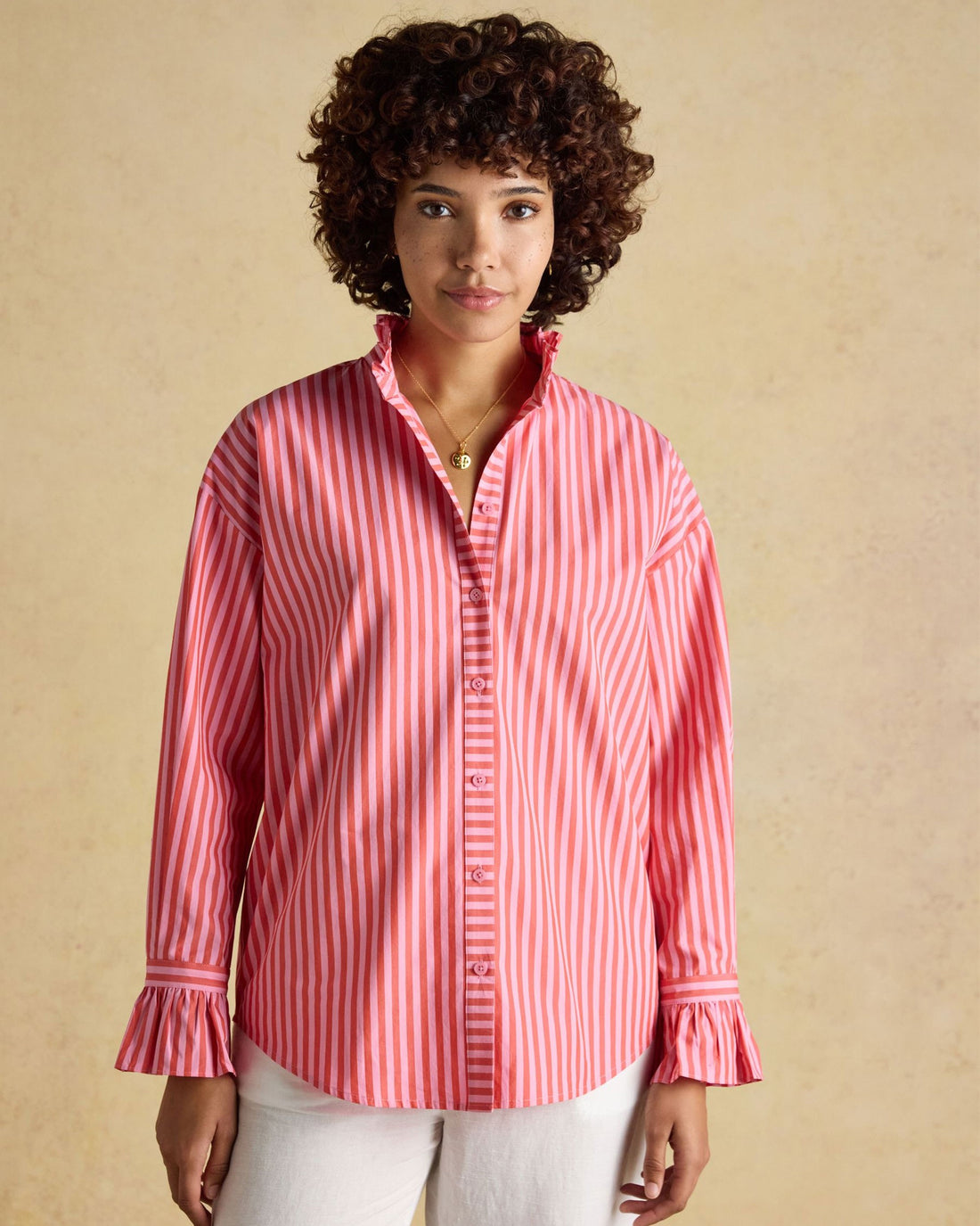 Mae Frill Neck Shirt - Pink Stripe