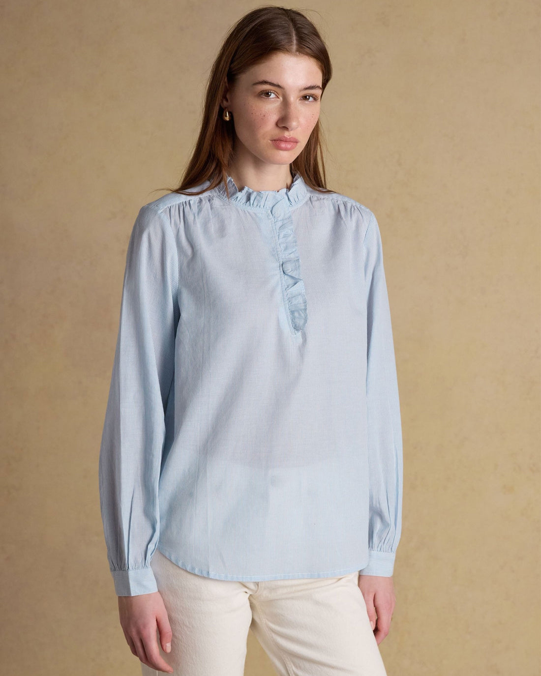Melanie Ruffle Neck Blouse - Blue/White