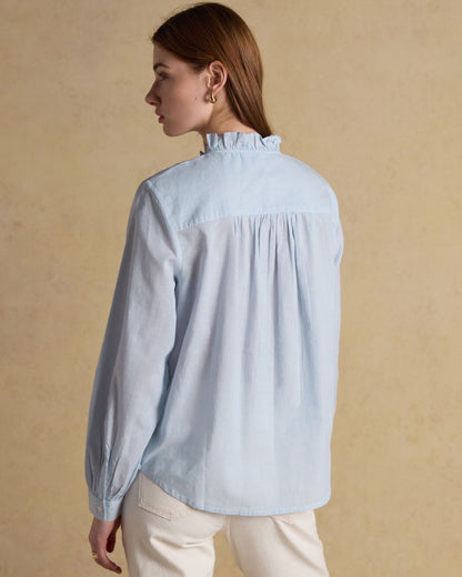 Melanie Ruffle Neck Blouse - Blue/White