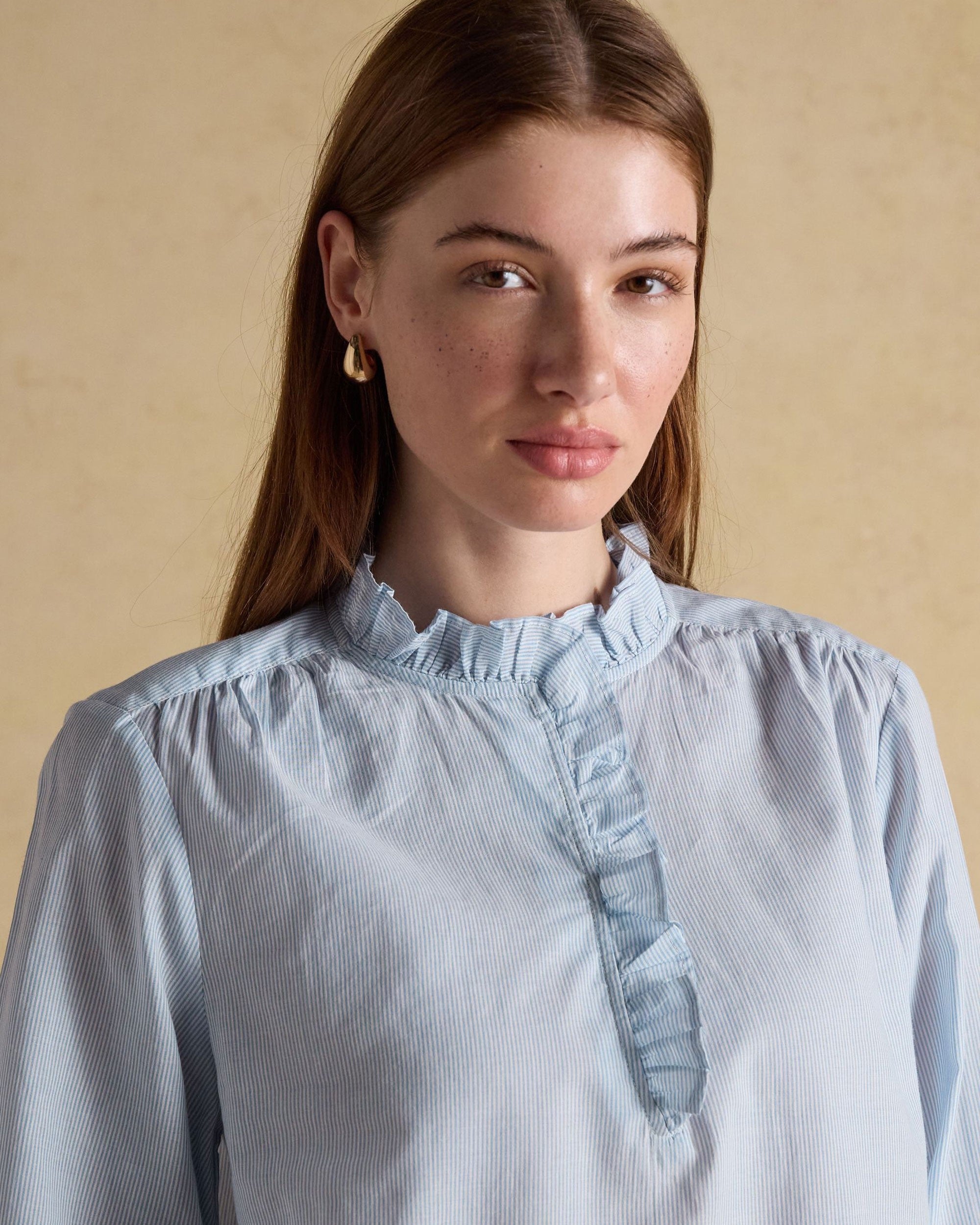 Melanie Ruffle Neck Blouse - Blue/White