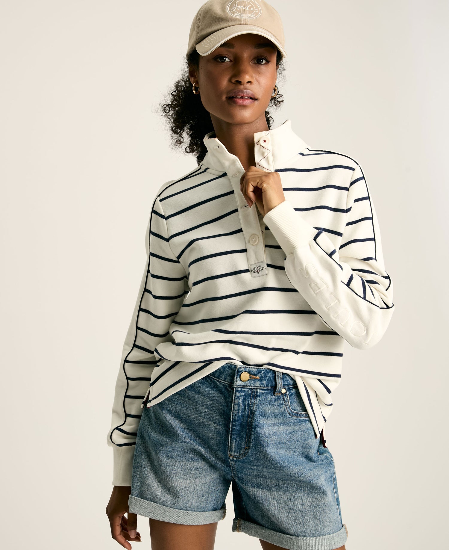 Southwold Button Down Striped Sweatshirt - Creme