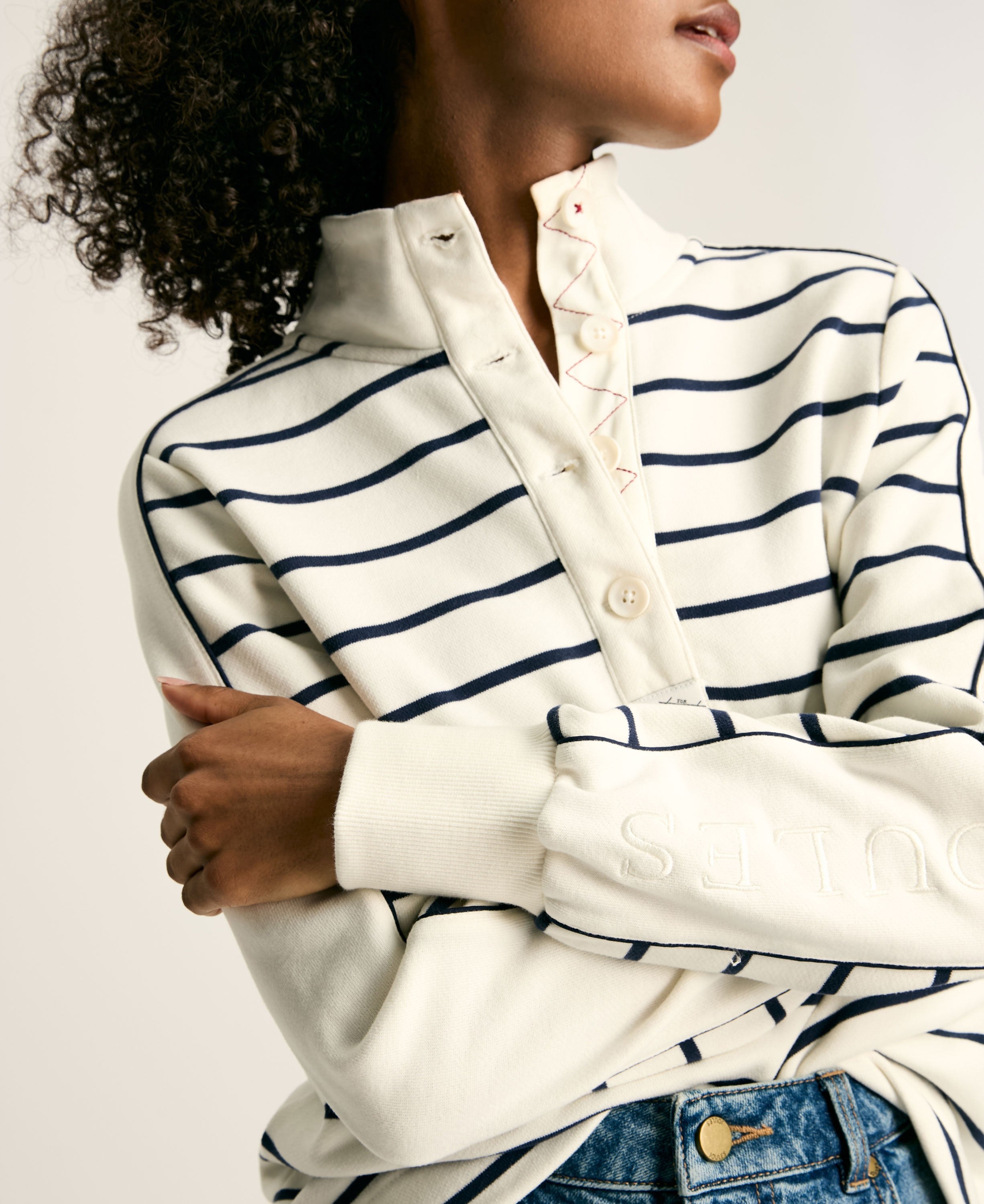 Southwold Button Down Striped Sweatshirt - Creme