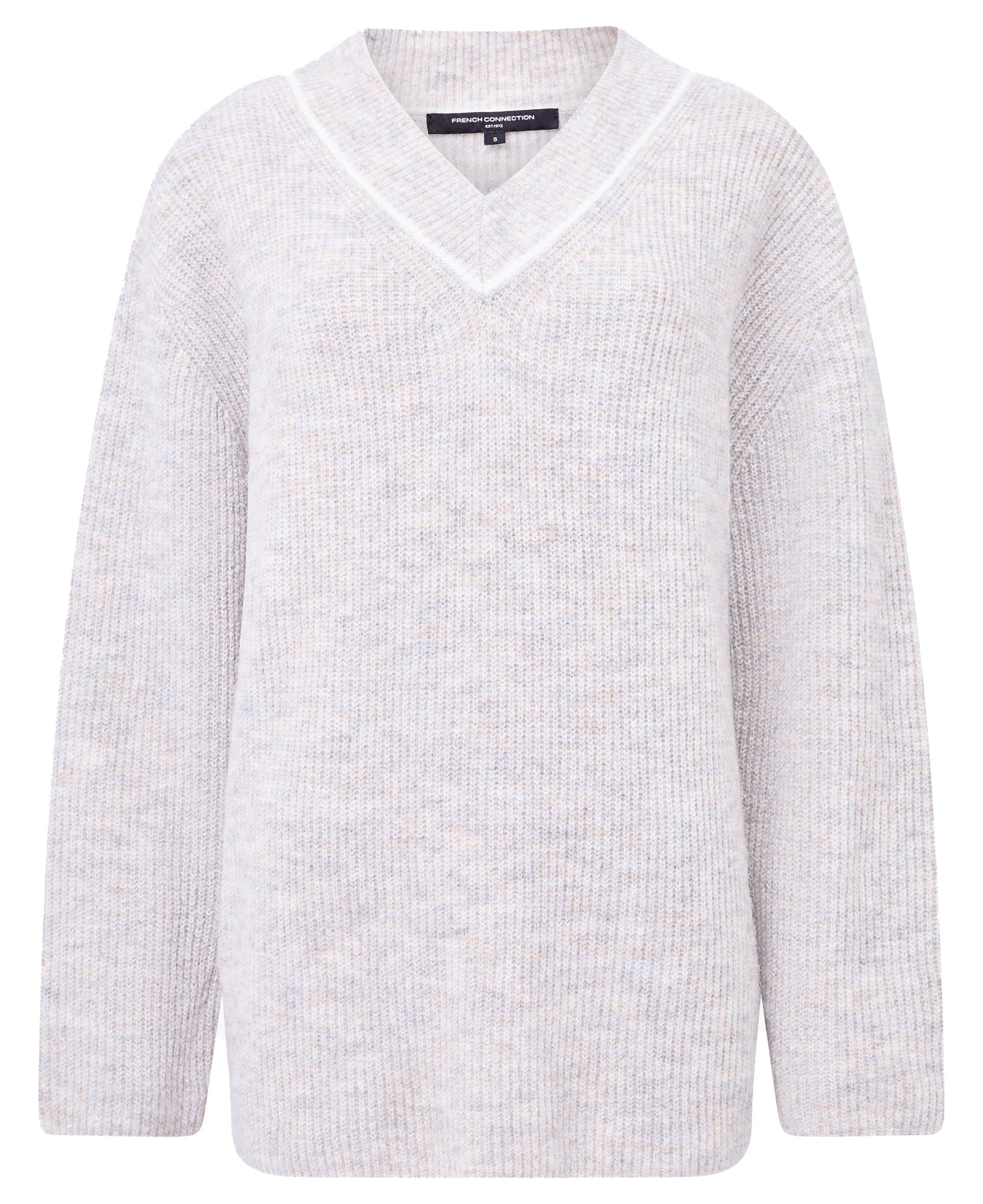 Kezia Vertical V Neck Jumper - Stone Grey/W.White
