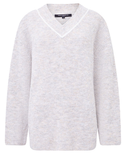 Kezia Vertical V Neck Jumper - Stone Grey/W.White