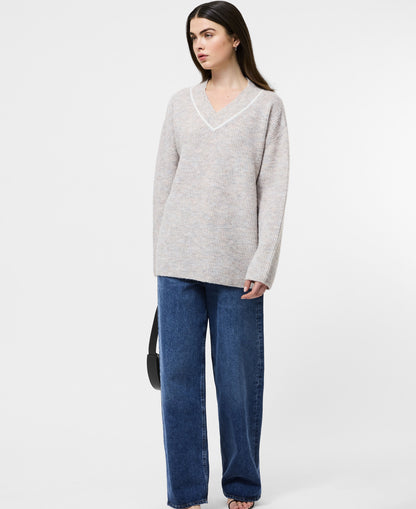 Kezia Vertical V Neck Jumper - Stone Grey/W.White